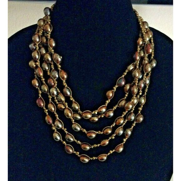 Gold Tone Collar Necklace Irridescent Seed Bead